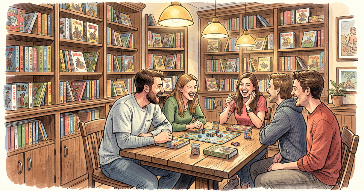 Ambiance chaleureuse d'un bar à jeux avec des amis jouant à des jeux de société