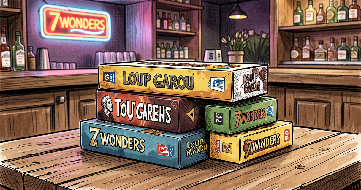 Sélection de jeux de société modernes sur une table de bar à jeux en bois