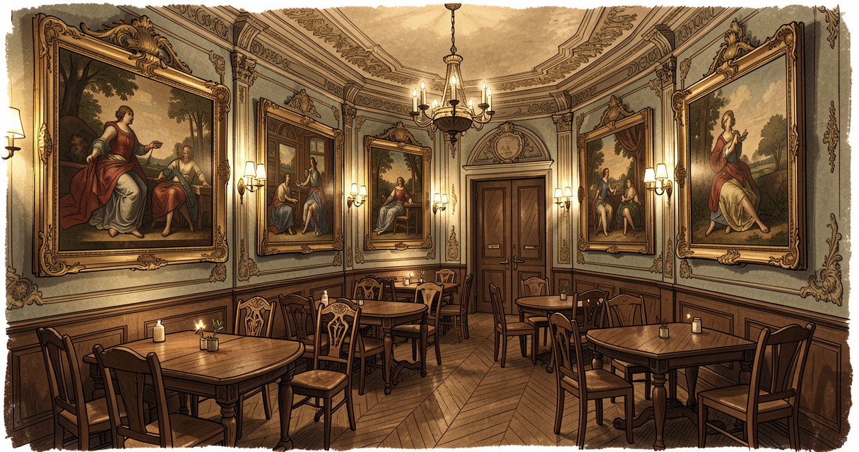 Décoration Renaissance de L'Imprévu Café à Paris, salle aux moulures et peintures anciennes