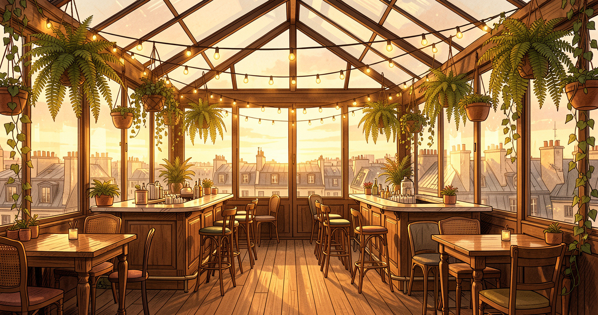 Verrière lumineuse du Bar à Bulles avec mobilier vintage et plantes vertes à Montmartre