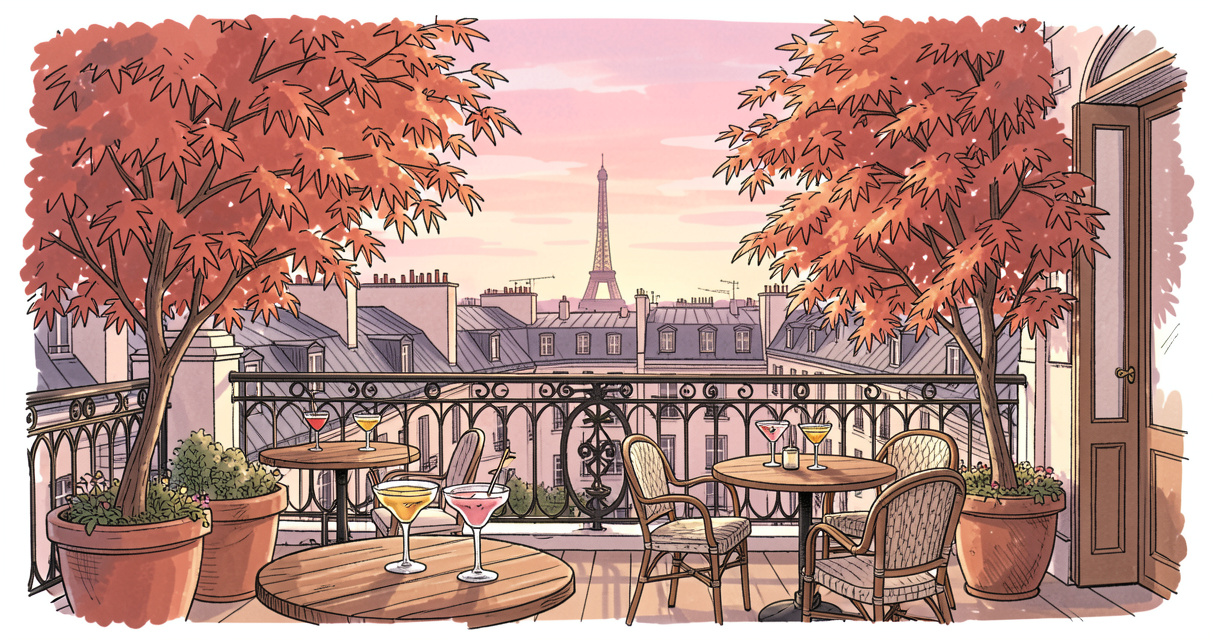 Terrasse végétalisée du Bar à Bulles avec vue sur Pigalle et cocktails au coucher du soleil