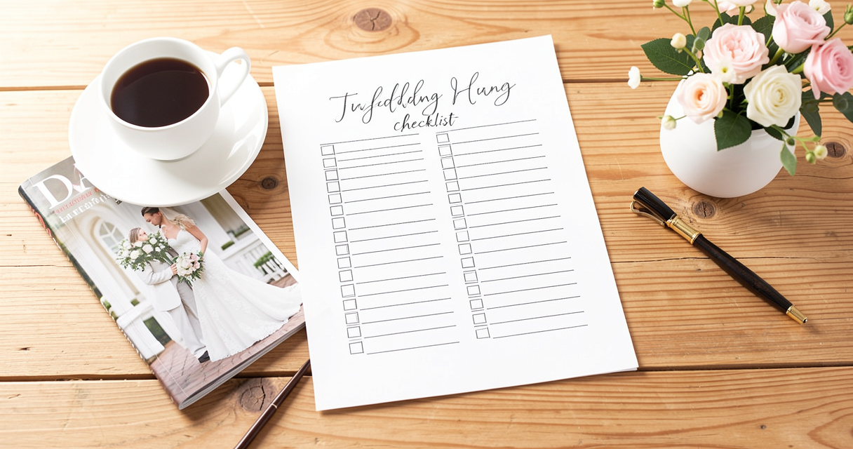 Checklist papier pour organiser son mariage avec fournitures de planification sur table en bois