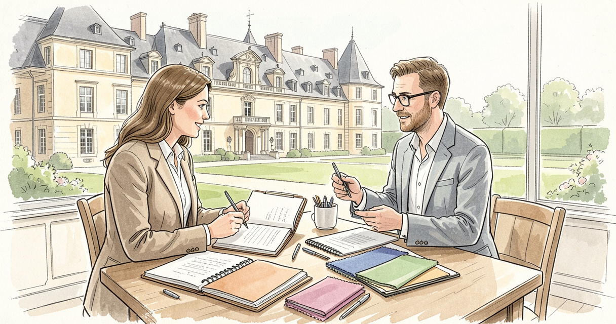 Futurs mariés en conversation avec un wedding planner dans un château pour le lieu de réception