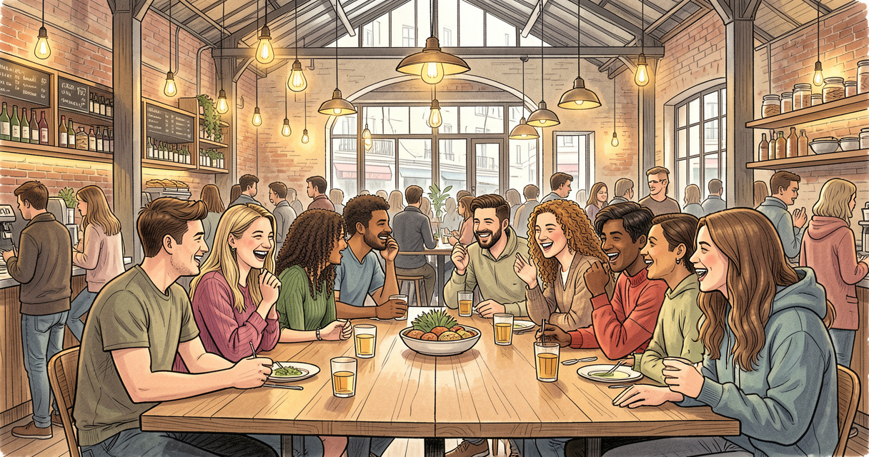 Groupe de célibataires participant à une soirée speed dating dans un food hall parisien