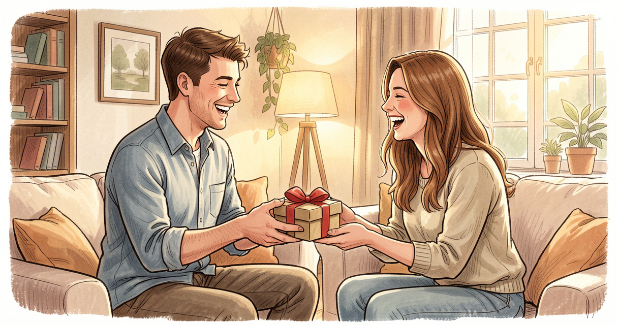 Couple heureux échangeant un cadeau dans un salon moderne et cosy