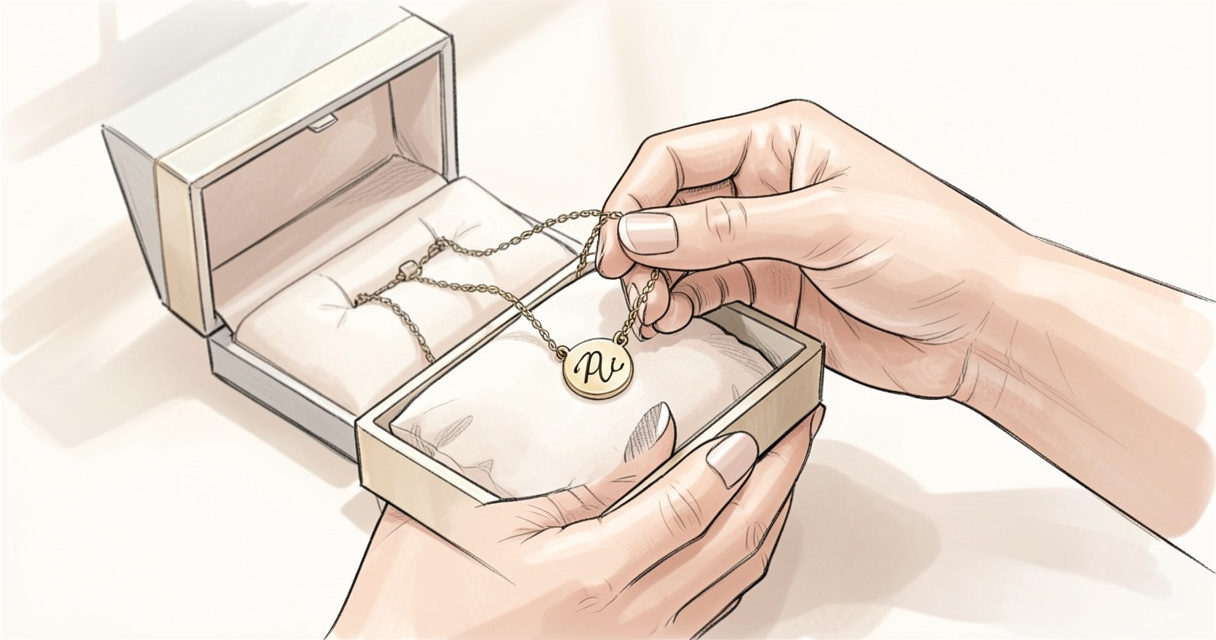 Mains de femme tenant un collier personnalisé dans un écrin cadeau ouvert