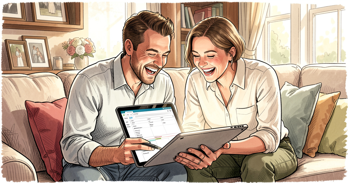 Couple souriant planifiant le budget de leur mariage sur une tablette