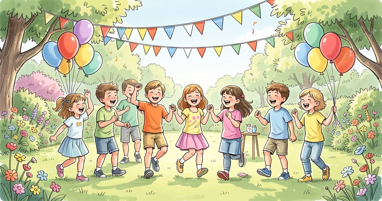 Enfants jouant lors d'un anniversaire 10 ans en extérieur avec ballons