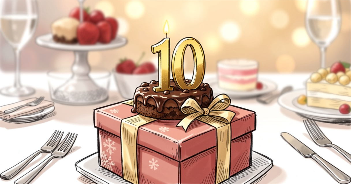 Cadeau d'anniversaire 10 ans avec bougie numéro 10 sur gâteau au chocolat
