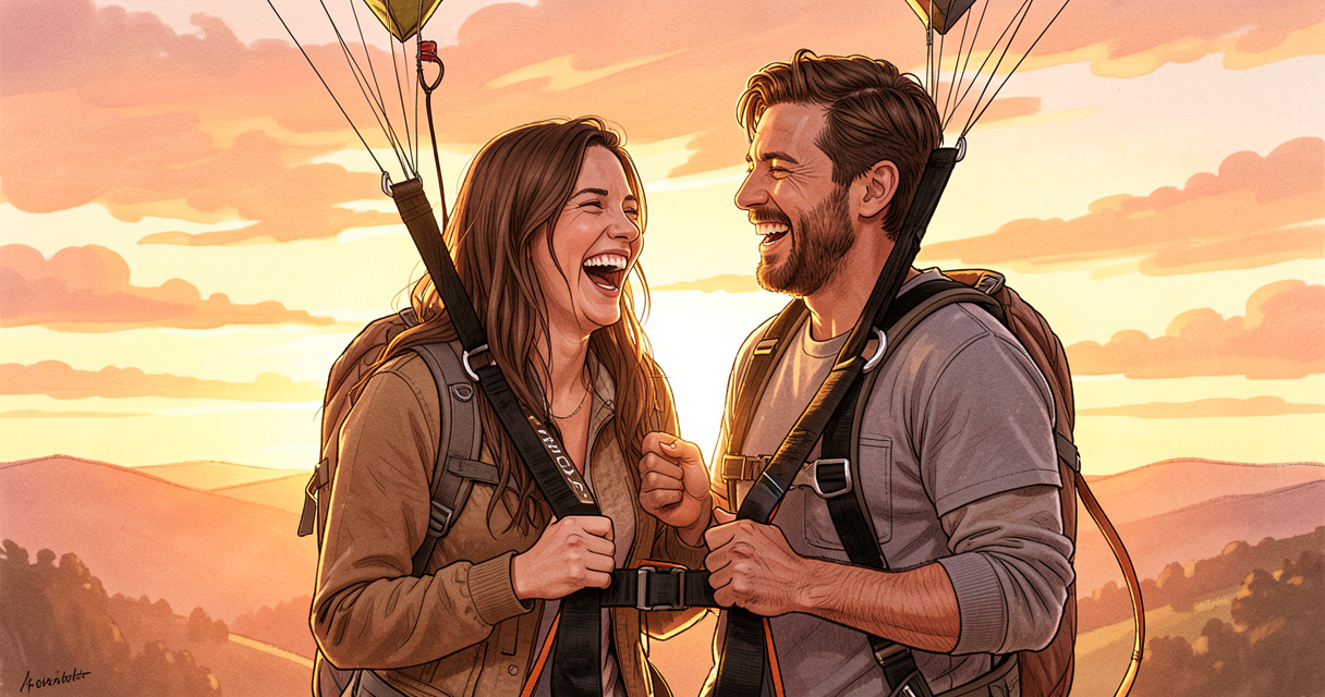 Couple préparant un saut en parachute pour un anniversaire, une expérience à offrir inoubliable