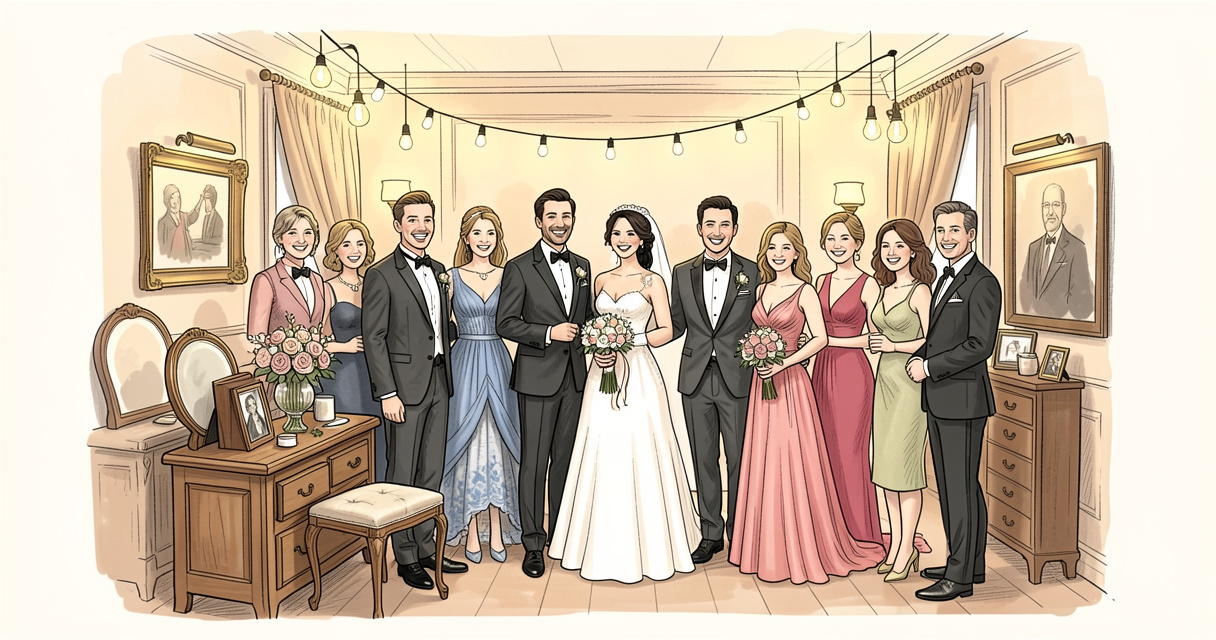Photobooth mariage avec accessoires vintage et invités souriants