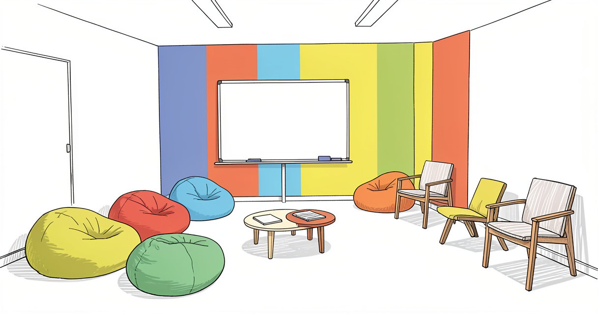 Salle de brainstorming créative avec canapés, tableau blanc et décoration colorée