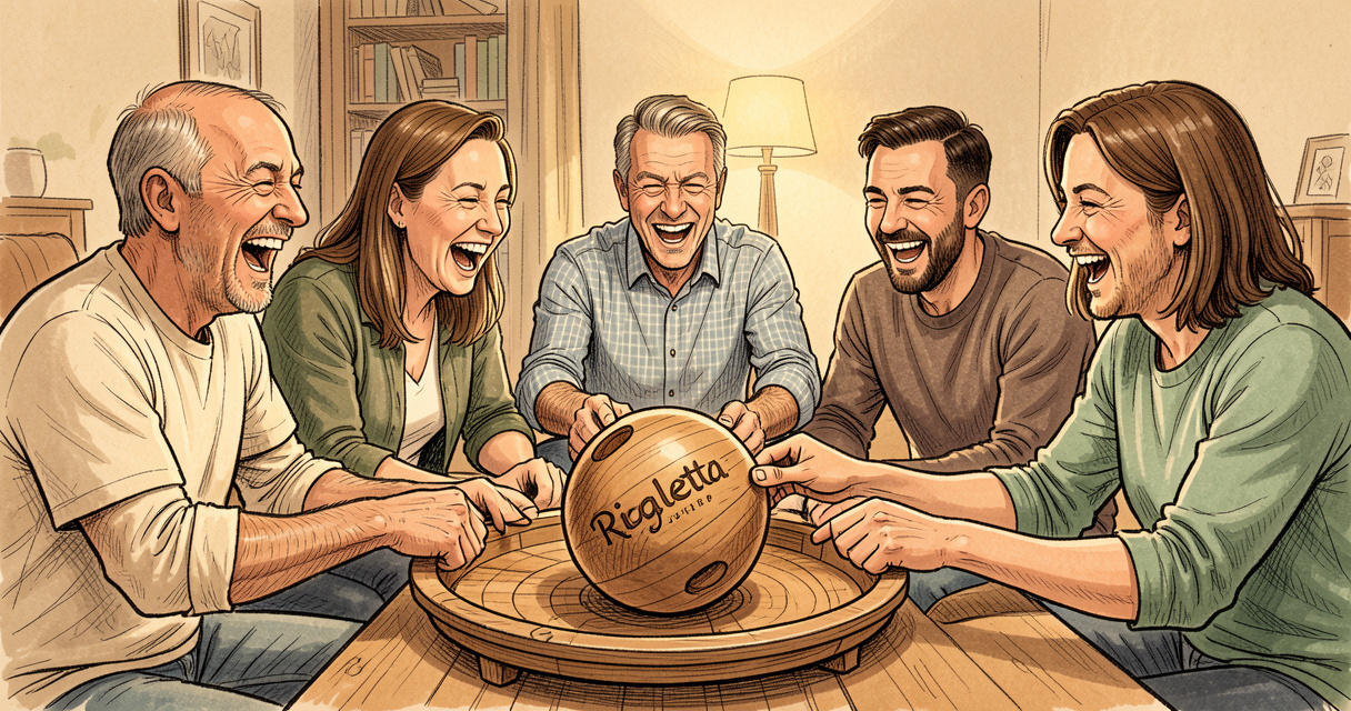 Groupe d'adultes jouant à Rigoletta lors d'un anniversaire, ambiance festive