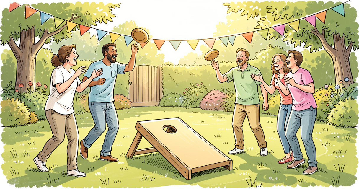 Jeu de Cornhole en extérieur pour anniversaire adulte, adultes s'amusant