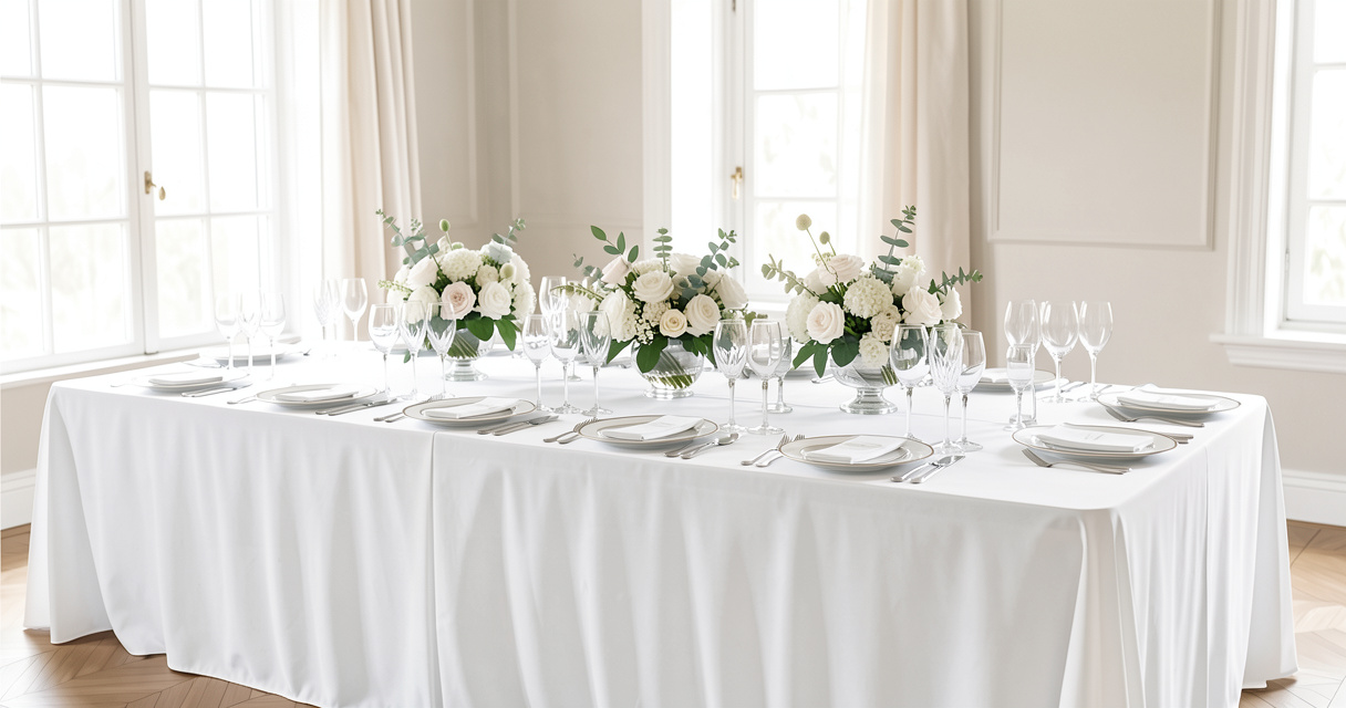 Table de réception de mariage décorée avec vaisselle élégante et centre de table floral, représentant le cadre d'un repa