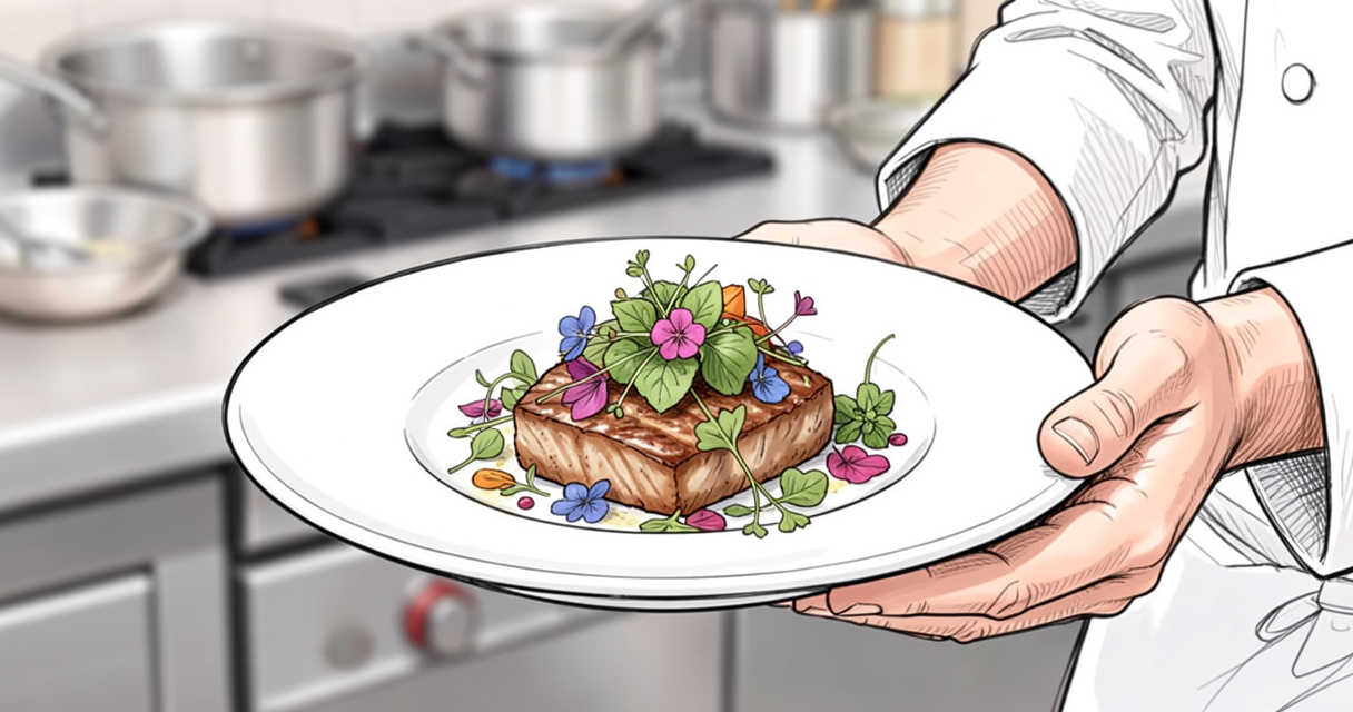 Chef traiteur présentant un plat gastronomique lors d'un mariage, avec herbes et fleurs comestibles en décoration