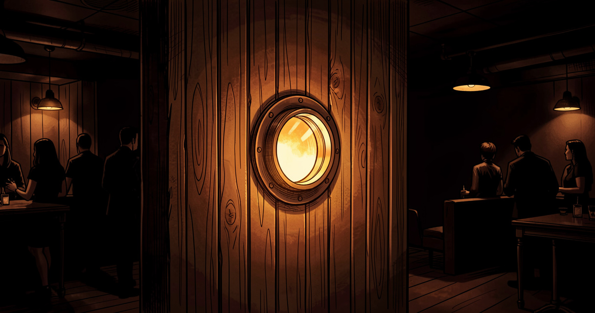 Glory hole lumineux dans une cloison en bois dans un club parisien anonyme - ambiance tamisée