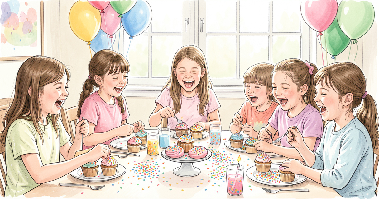 Groupe de filles de 10 ans décorant des cupcakes lors d'un anniversaire, ambiance joyeuse