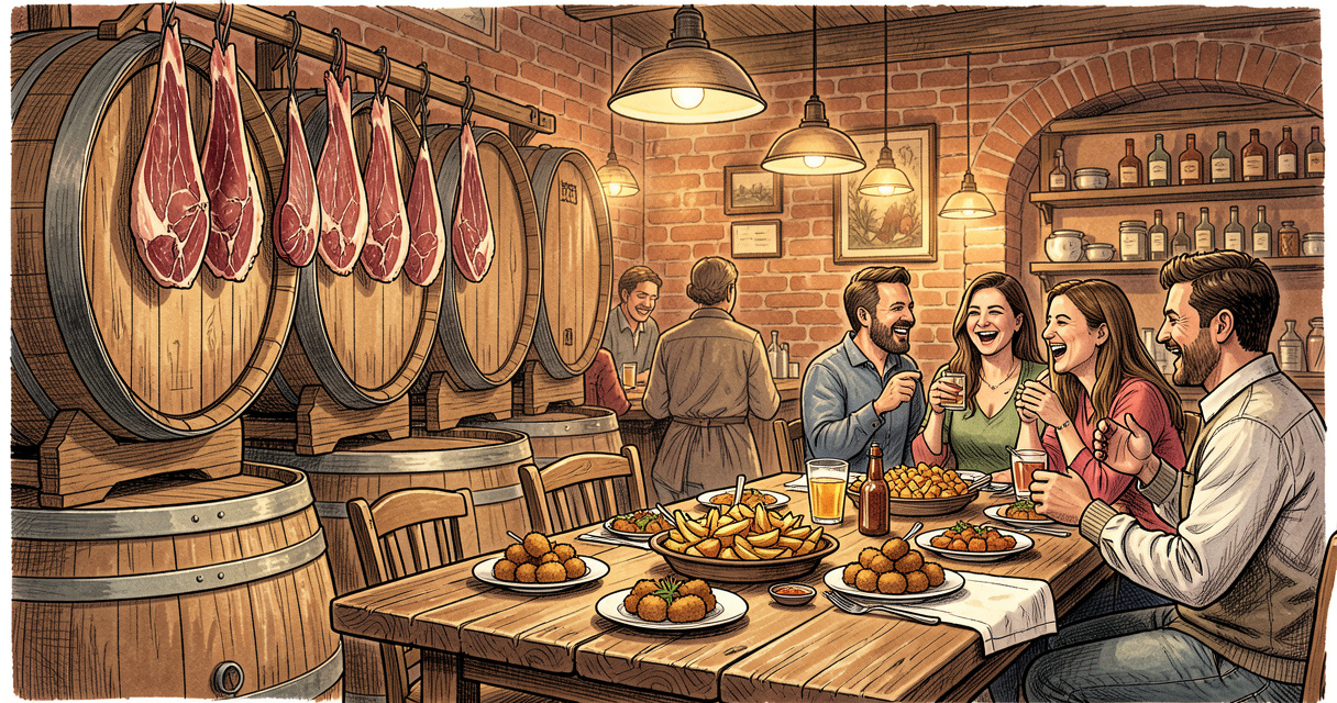 Intérieur chaleureux d'un bar à tapas avec jambon suspendu et assiettes de patatas bravas sur table en bois