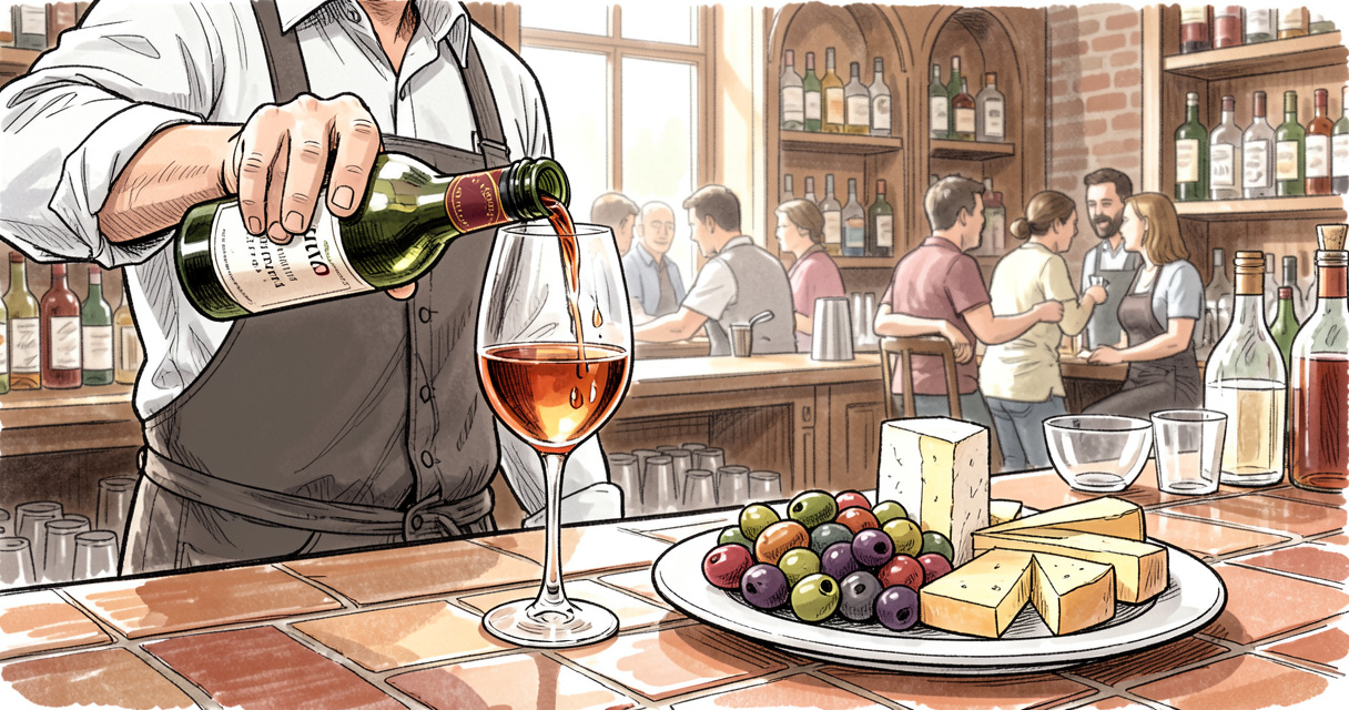 Barman versant un verre de sherry à côté d'olives et de fromage manchego dans un bar à tapas espagnol
