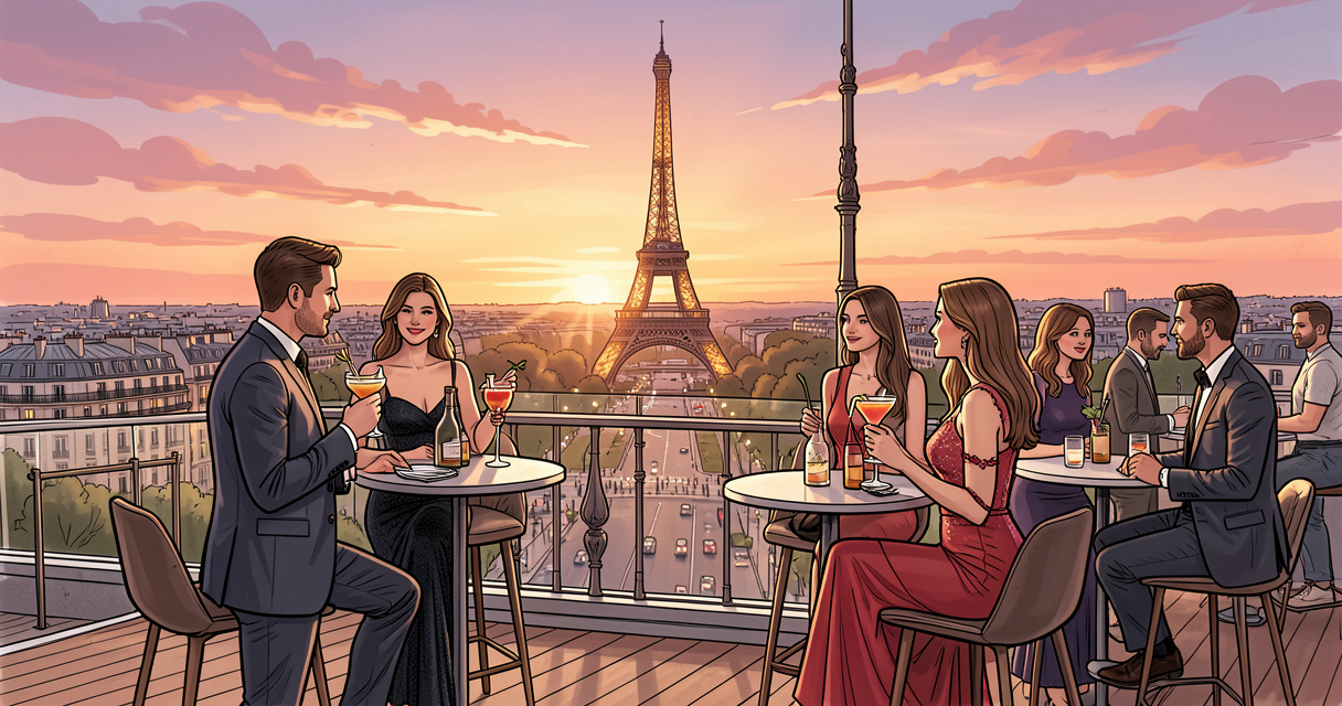 Terrasse du Skybar Paris au coucher du soleil avec vue sur la Tour Eiffel