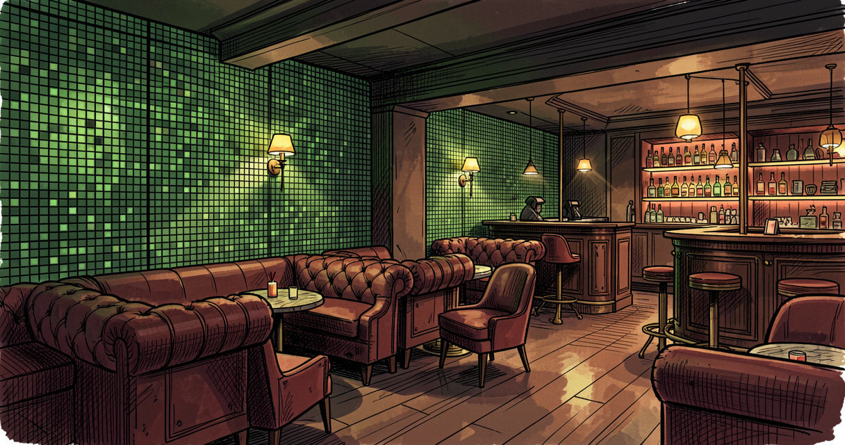 Intérieur du Skybar Paris avec décoration rétro et mur pixelisé vert