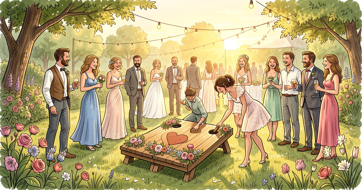 Jeux de mariage en extérieur avec cornhole et invités souriants dans un jardin