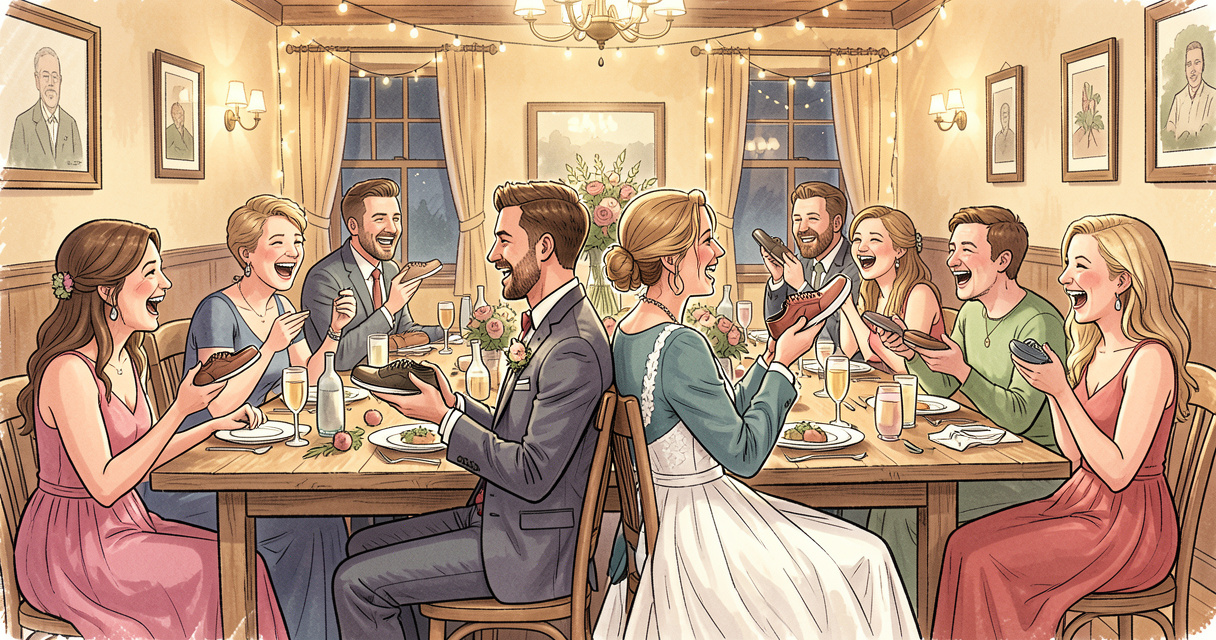 Jeu de la chaussure lors d'un mariage, mariés dos à dos avec leurs chaussures