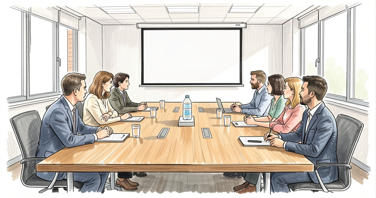 Salle de séminaire moderne avec participants en échange actif autour d'une table