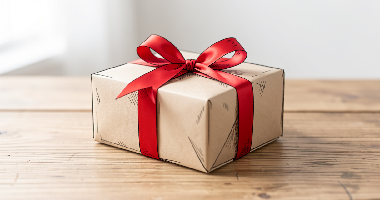 Cadeau pour les copines : boîte cadeau emballée avec un ruban rouge sur une table en bois