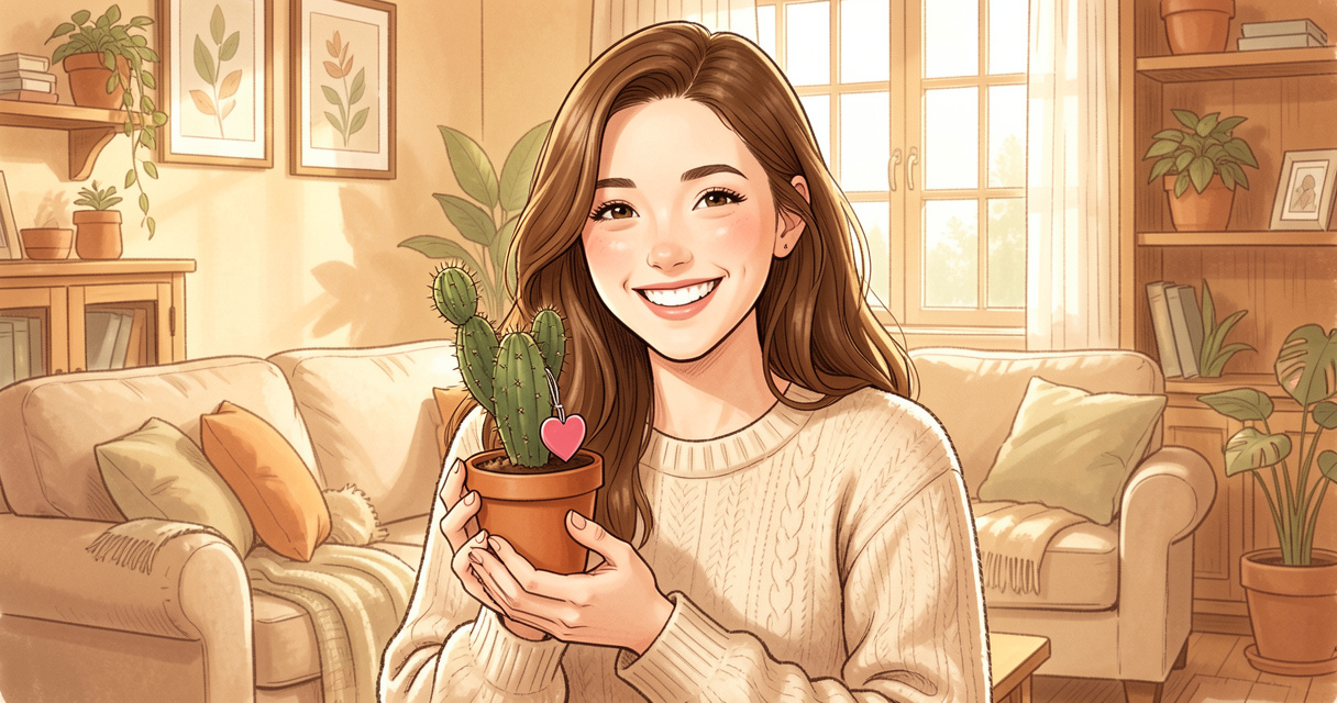 Jeune femme souriante tenant un cactus personnalisé en pot, idée cadeau originale pour copine