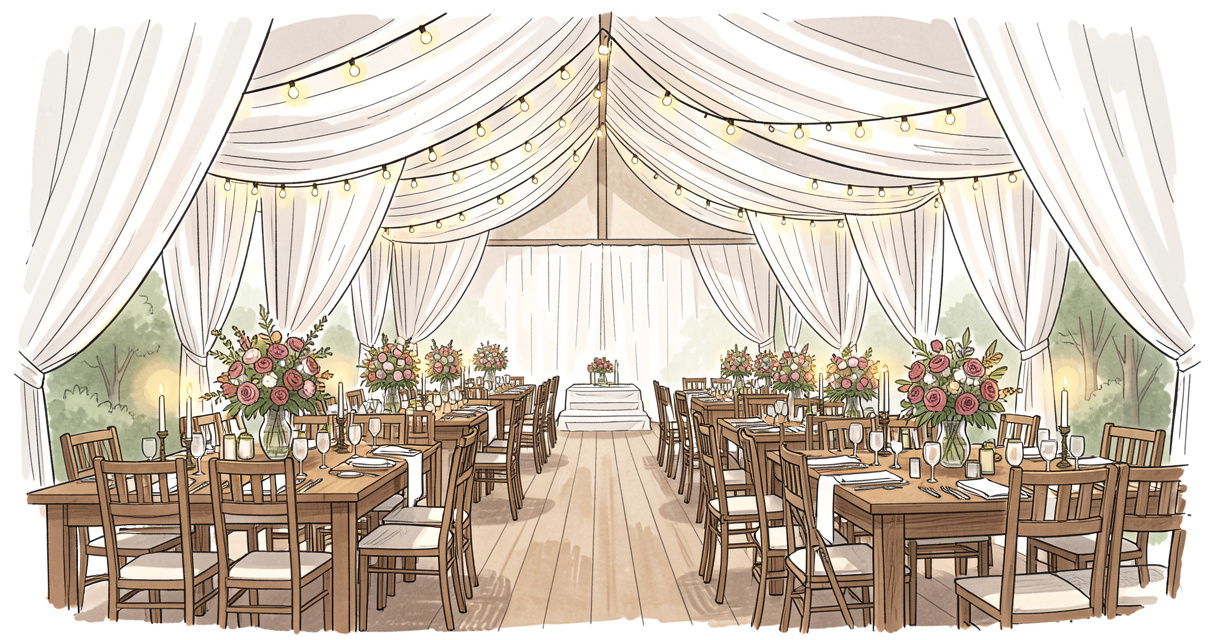 Salle de mariage décorée avec tentures blanches, guirlandes lumineuses et centres de table floraux