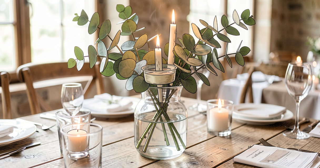 Centre de table DIY pour mariage avec vase, eucalyptus et bougies flottantes sur table en bois