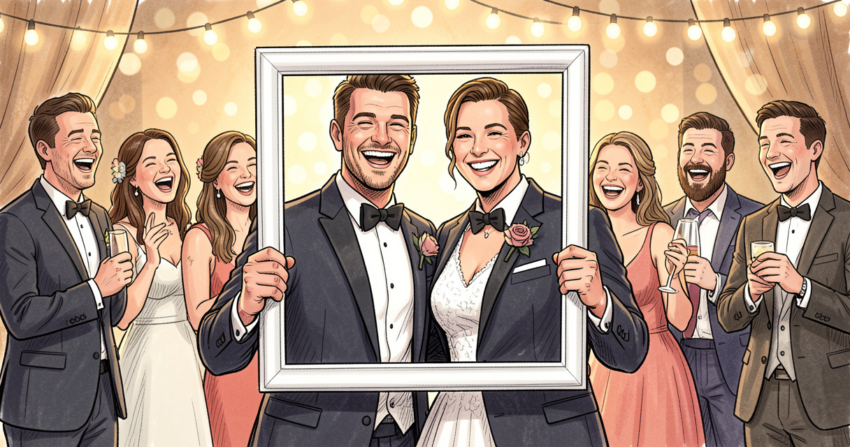 Photobooth de mariage avec accessoires et invités souriants - animation mariage originale
