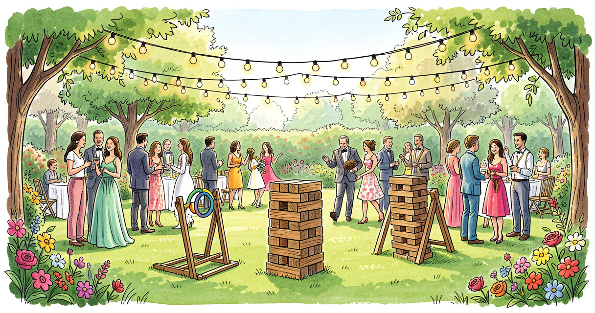Jeux en bois géants dans un jardin de mariage champêtre - idée animation mariage extérieur