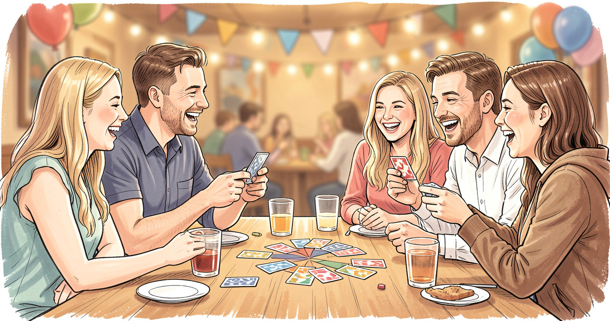 Amis jouant à un jeu de cartes lors d'un anniversaire adulte rigolo
