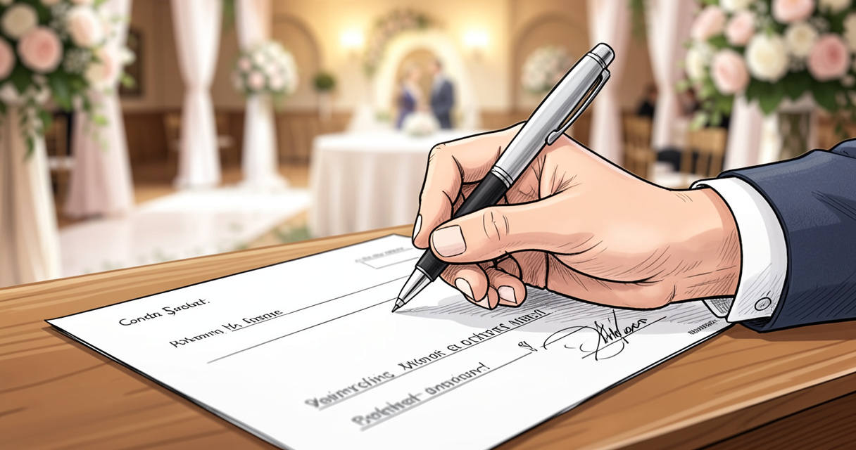 Signature d'un contrat de wedding planner avec vue sur salle de réception