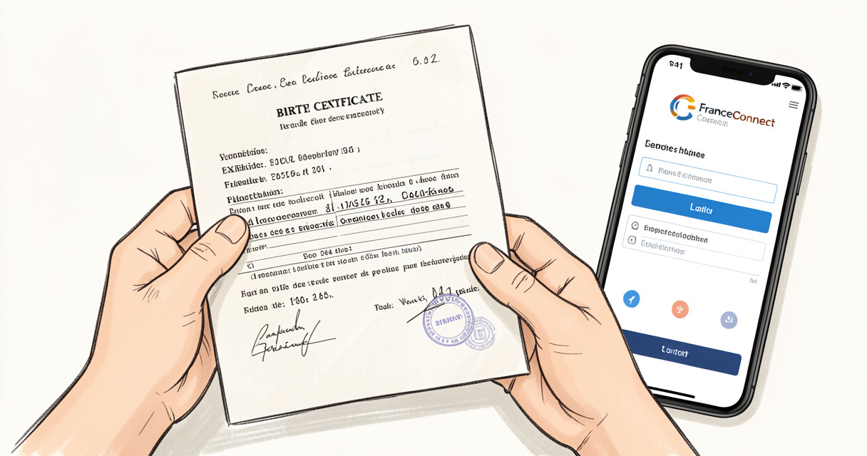 Demande d'extrait avec filiation en ligne via FranceConnect sur smartphone et document papier