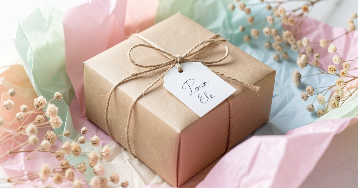 Coffret cadeau emballé avec tag personnalisé pour jeune femme, idée présent élégant