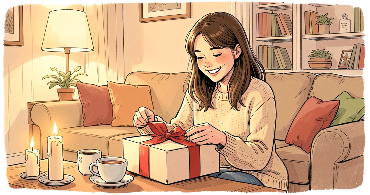 Jeune femme souriant en ouvrant un cadeau dans un salon cocooning, ambiance chaleureuse