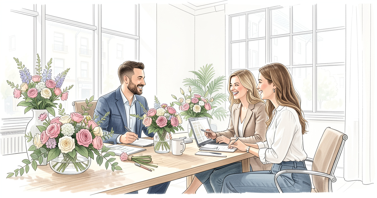 Un wedding planner discute avec des mariés pour planifier le mariage, rendez-vous professionnel en bureau lumineux