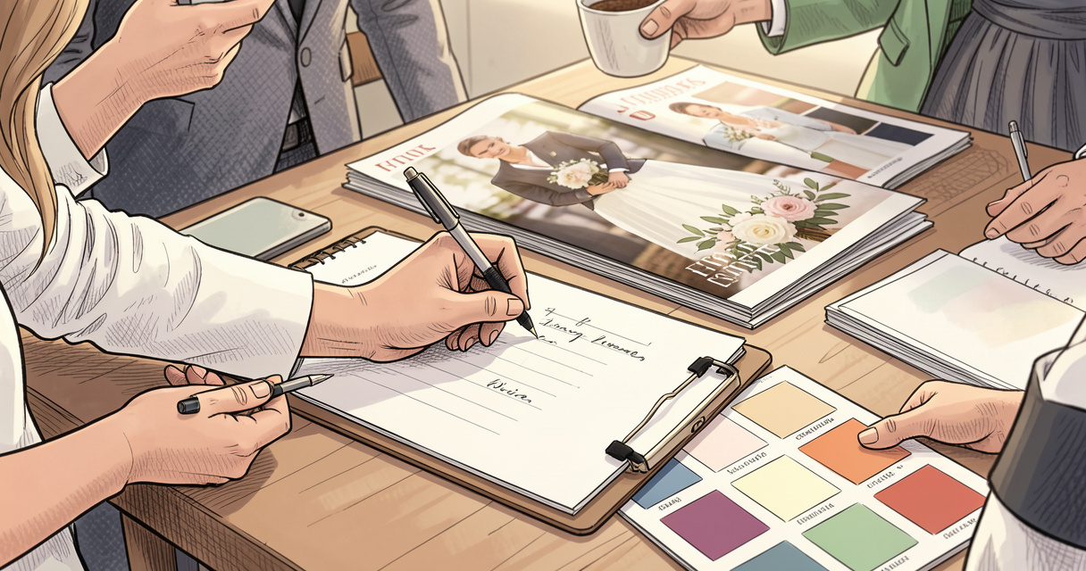 Planification de mariage : une wedding planner organise les prestataires avec un carnet et des échantillons de couleurs