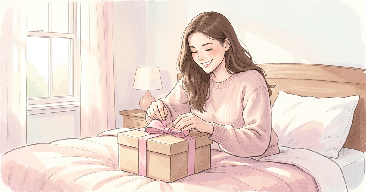 Jeune femme déballant un cadeau d'anniversaire sur son lit