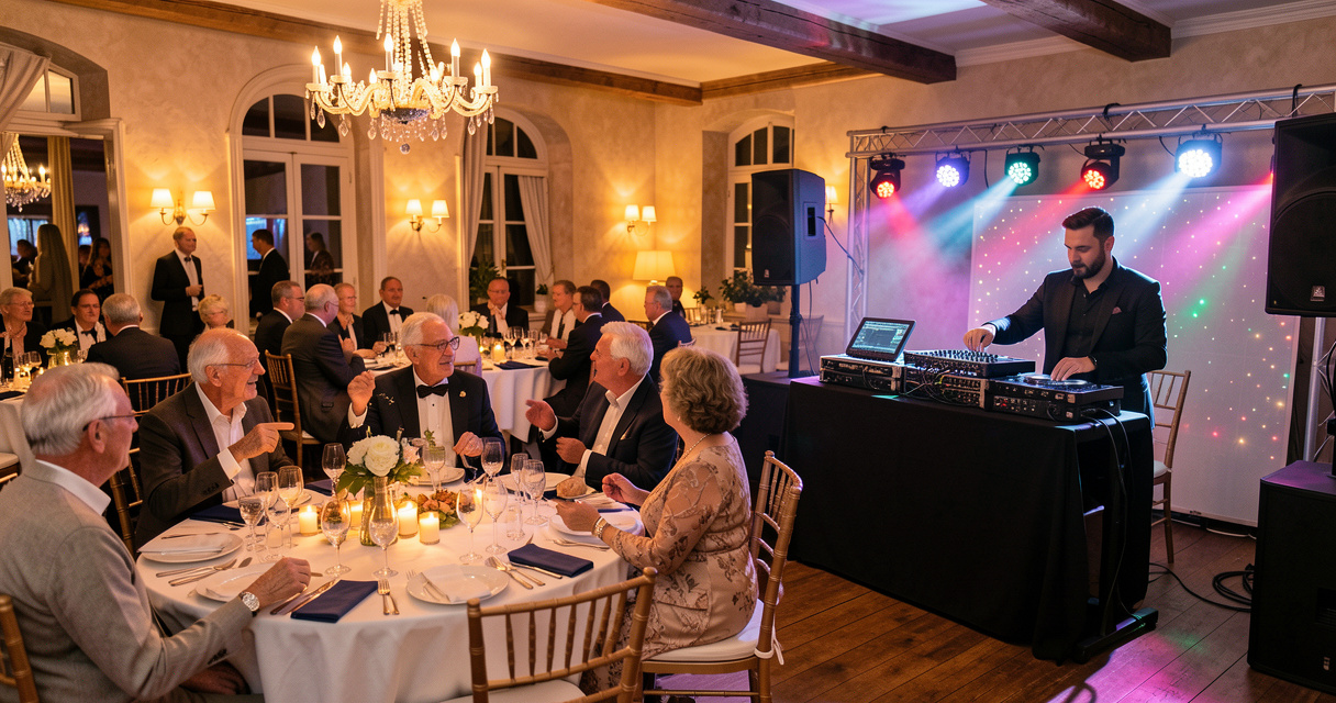 DJ préparant l'animation musicale d'une réception de mariage avec des invités de plusieurs générations.