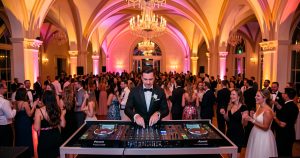 DJ de mariage professionnel animant une soirée sur une piste de danse illuminée