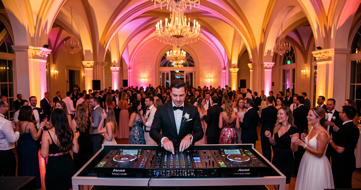 DJ de mariage professionnel animant une soirée sur une piste de danse illuminée
