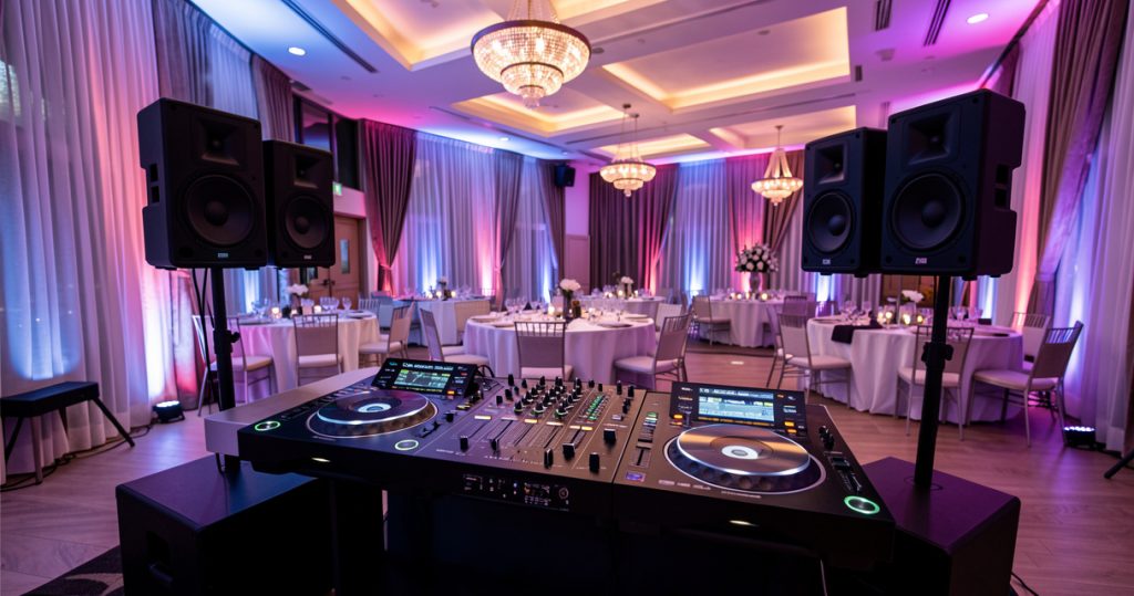 Installation professionnelle de sonorisation et d'éclairage pour soirée de mariage avec régie DJ