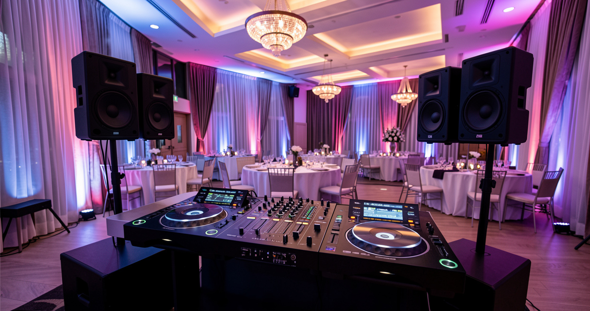 Installation professionnelle de sonorisation et d'éclairage pour soirée de mariage avec régie DJ