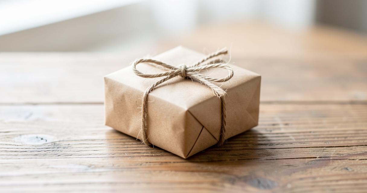 Petite idée cadeau à petit prix : paquet cadeau kraft avec ficelle sur une table en bois