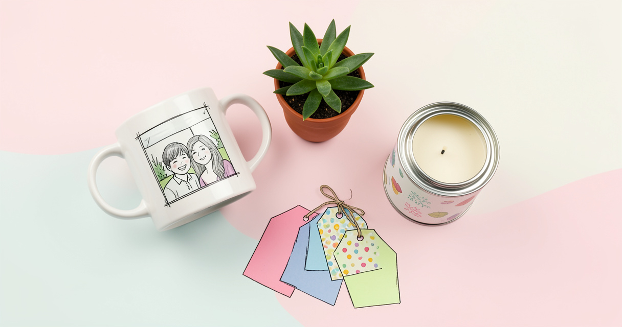 Petits cadeaux pas chers : mug personnalisé, plante verte, bougie et étiquettes kraft